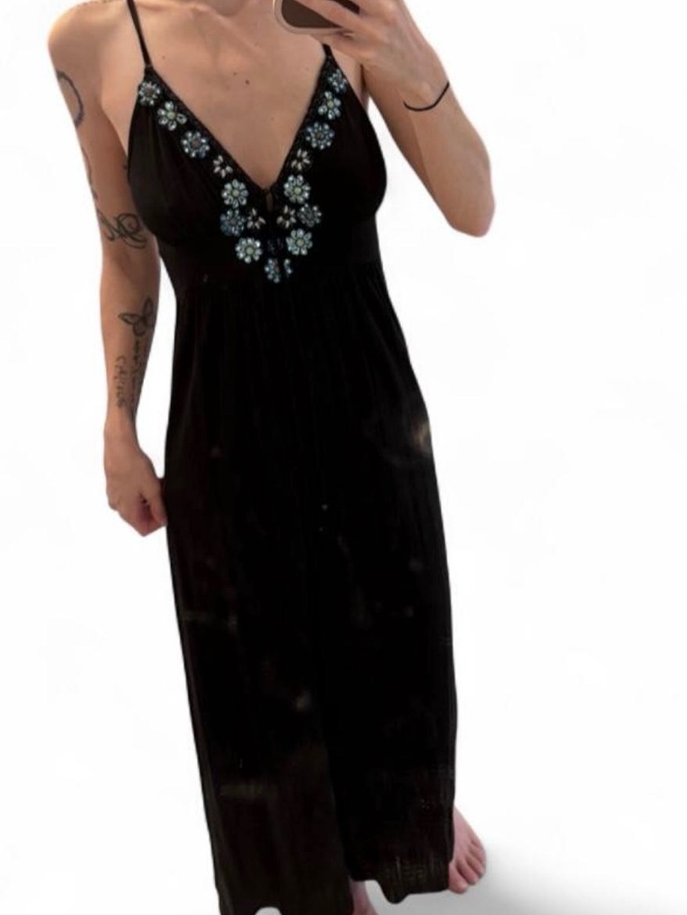 Black V-Neck Maxi Dress with Floral & Gem Embellishment